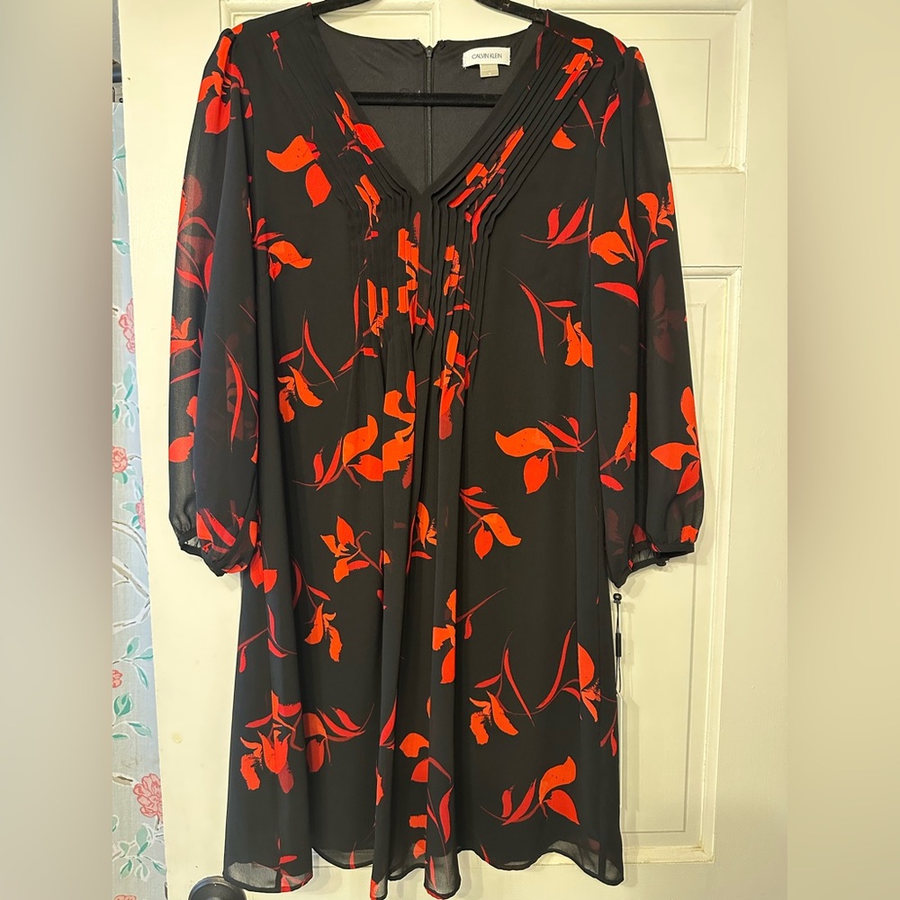 Calvin Klein Black Dress with Red Floral Design